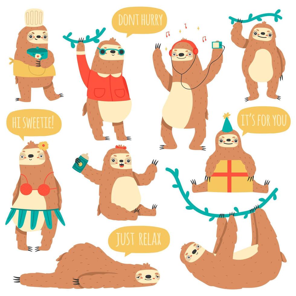 Hanging sloths. Wild tropical animal characters, funny lazy rainforest sloths vector illustration set. Cute hand drawn sloths