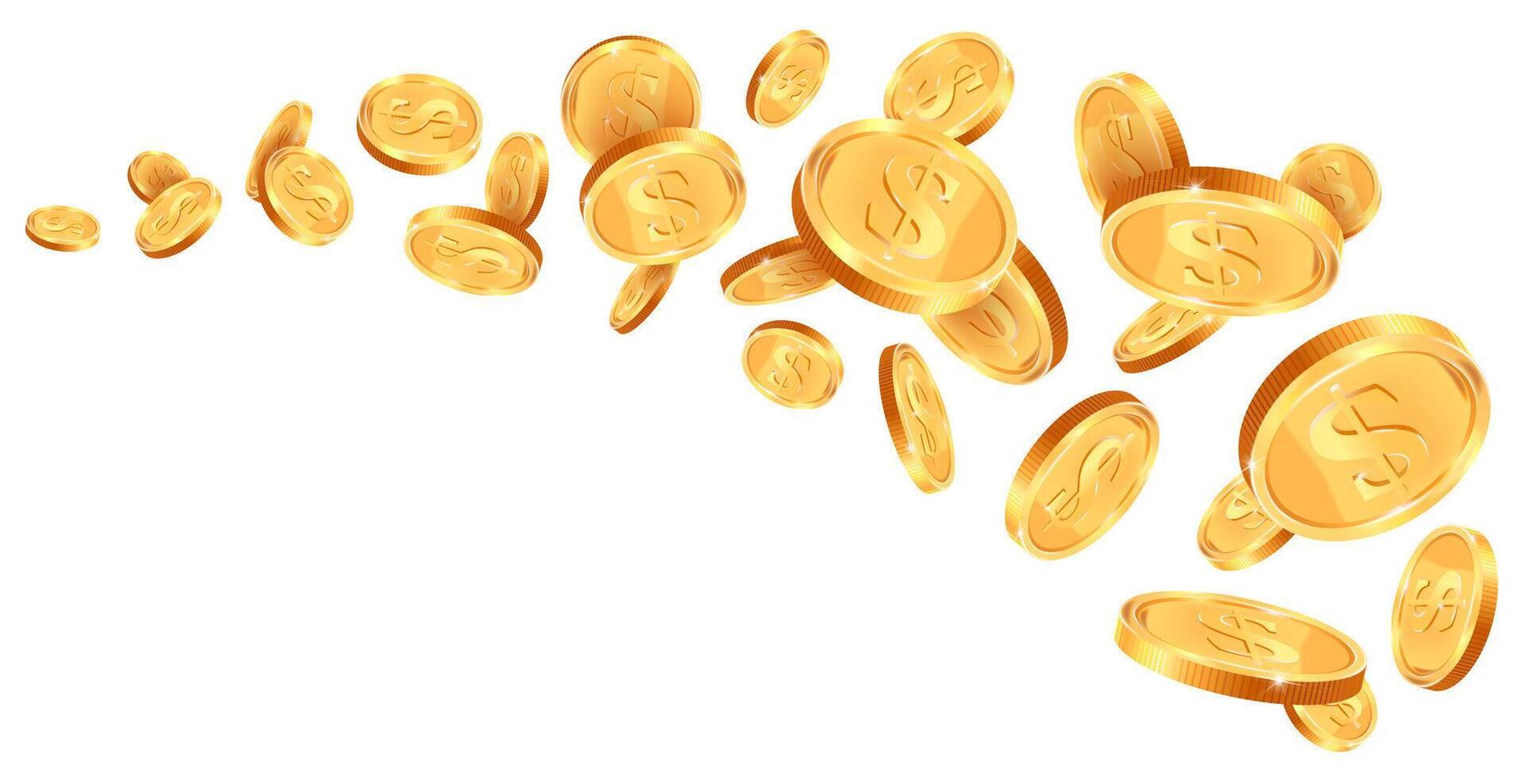 Realistic gold 3d treasure. Golden coins wave, cash coins falling trail, 3D golden treasure winner prize vector background illustration