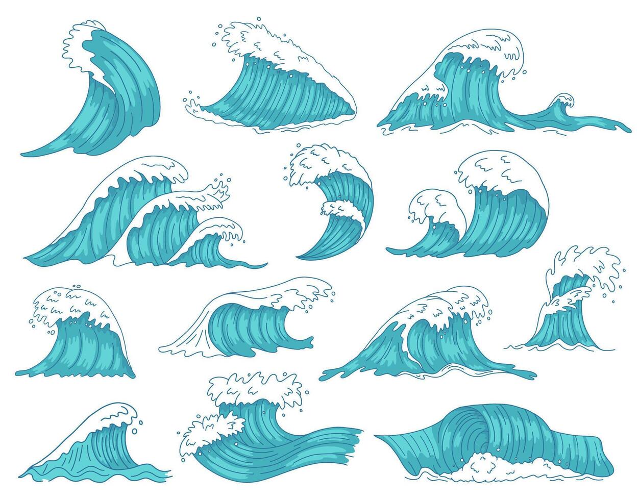 Oceanic waves. Sea hand drawn tsunami or storm waves, marine water shaft, ocean beach surfing waves isolated vector illustration icons set