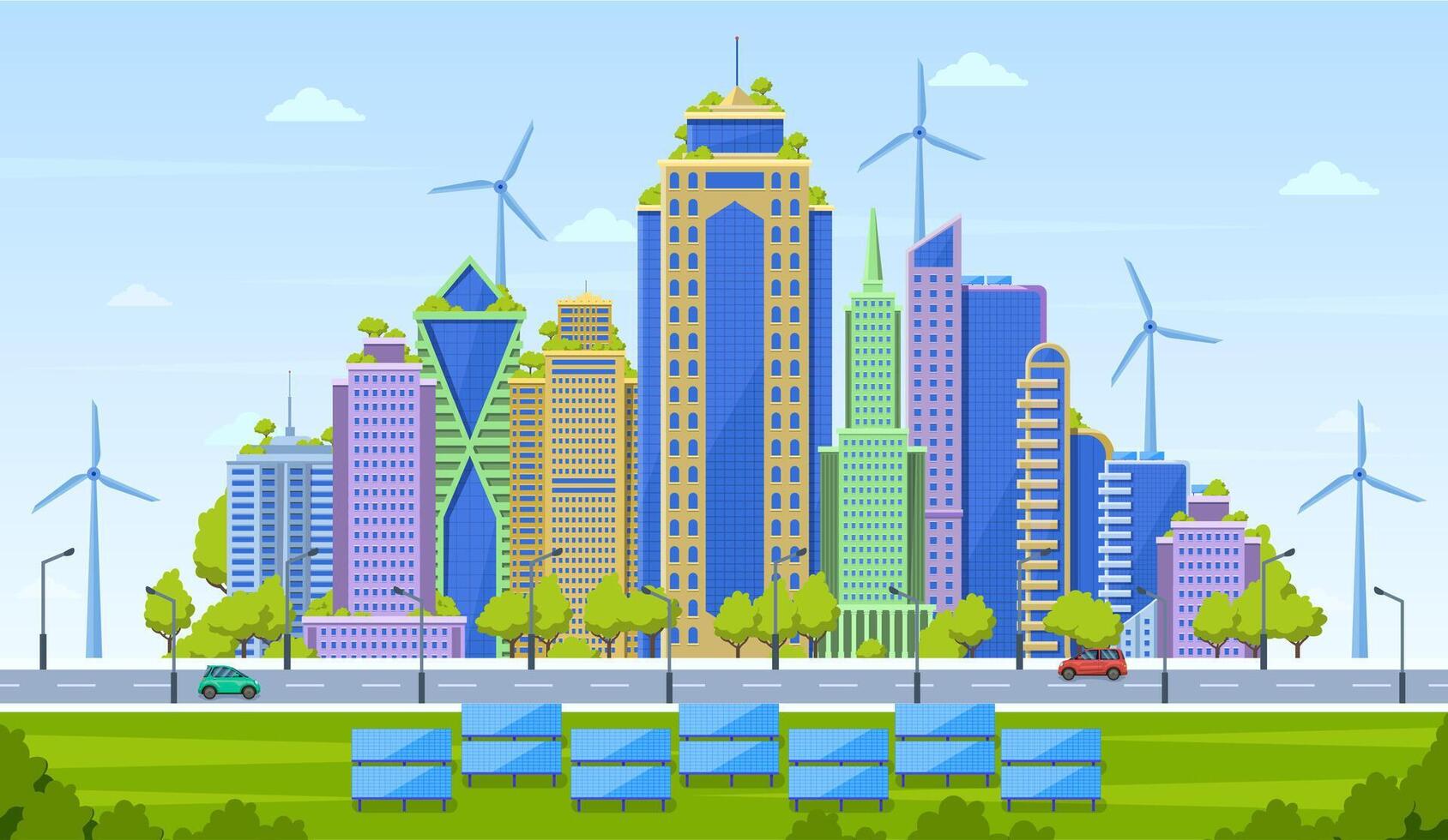 eco ciudad concepto. inteligente ciudad paisaje, urbano moderno paisaje urbano, eco simpático rascacielos con alternativa energía fuentes vector ilustración