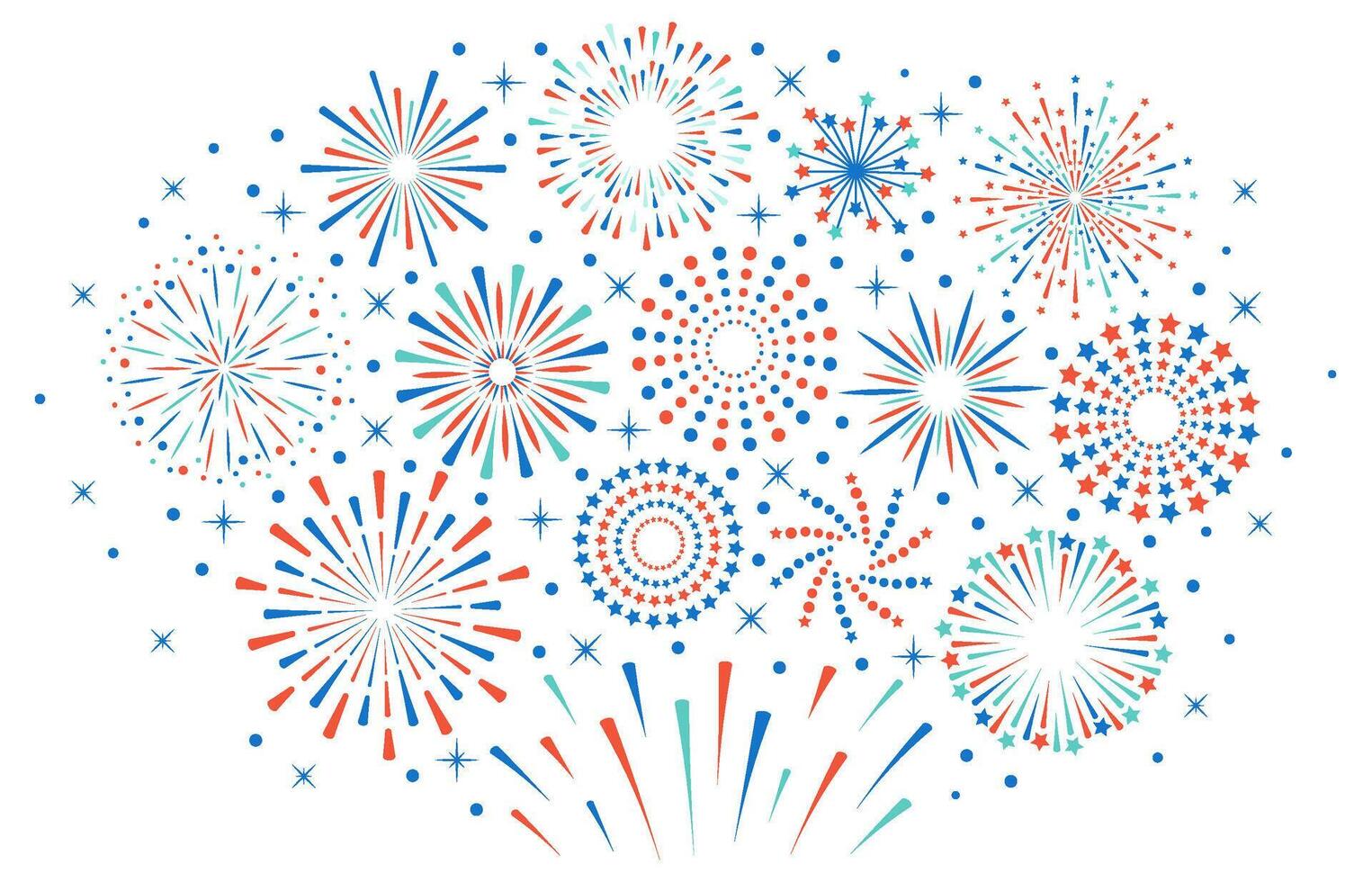 Happy 4th July fireworks. Celebration firework explode, carnival party firecracker explosions. Colorful festival fireworks vector illustration