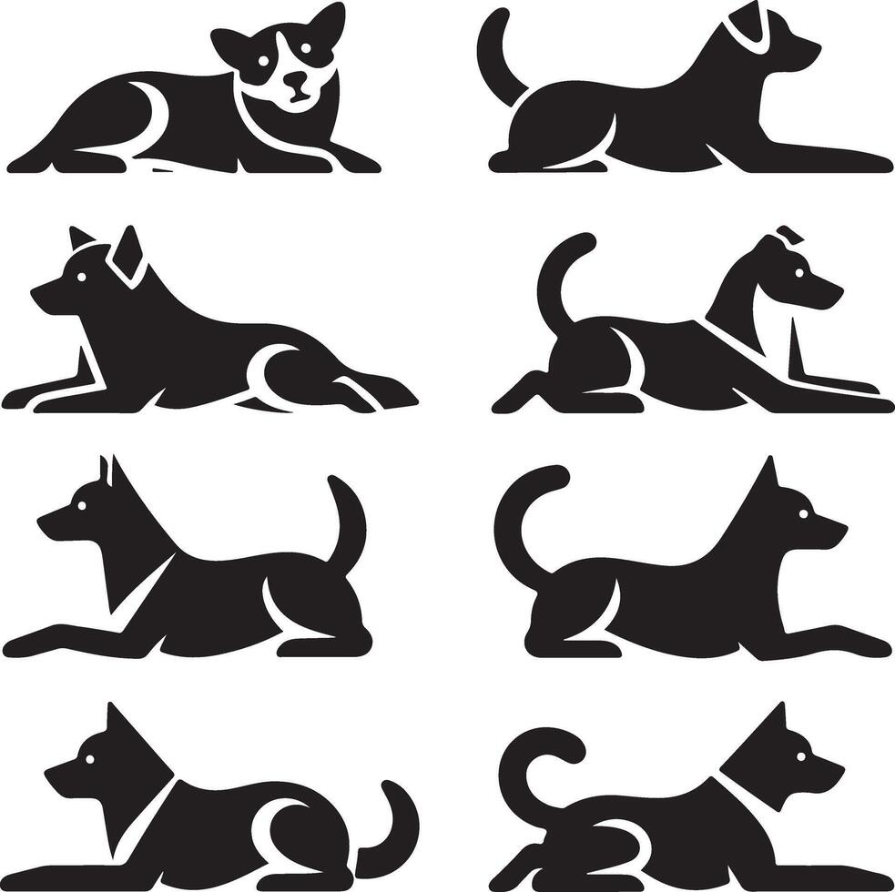 mínimo conjunto de un perro laico abajo diferente actitud vector icono en plano estilo negro color silueta, apartado cada elemento, blanco antecedentes 9 9