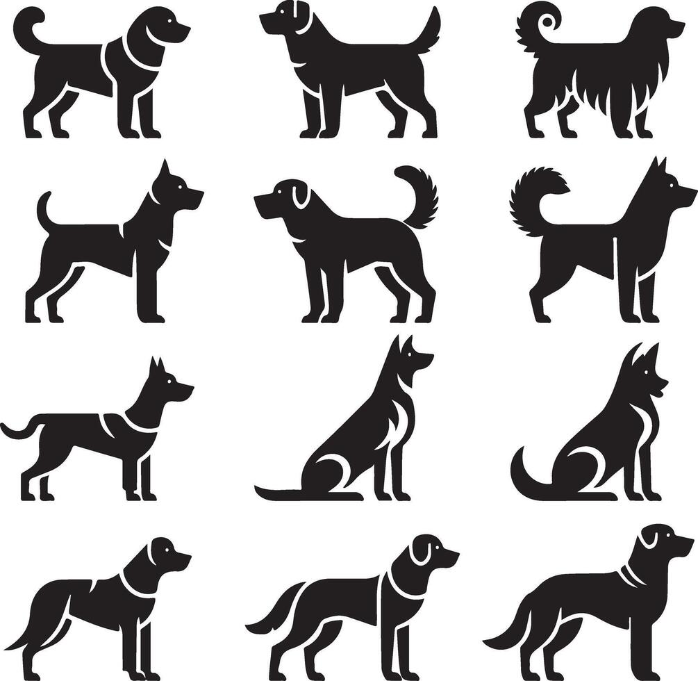 minimal Set of a Dog lay down different pose vector icon in flat style black color silhouette, separated each element, white background 14
