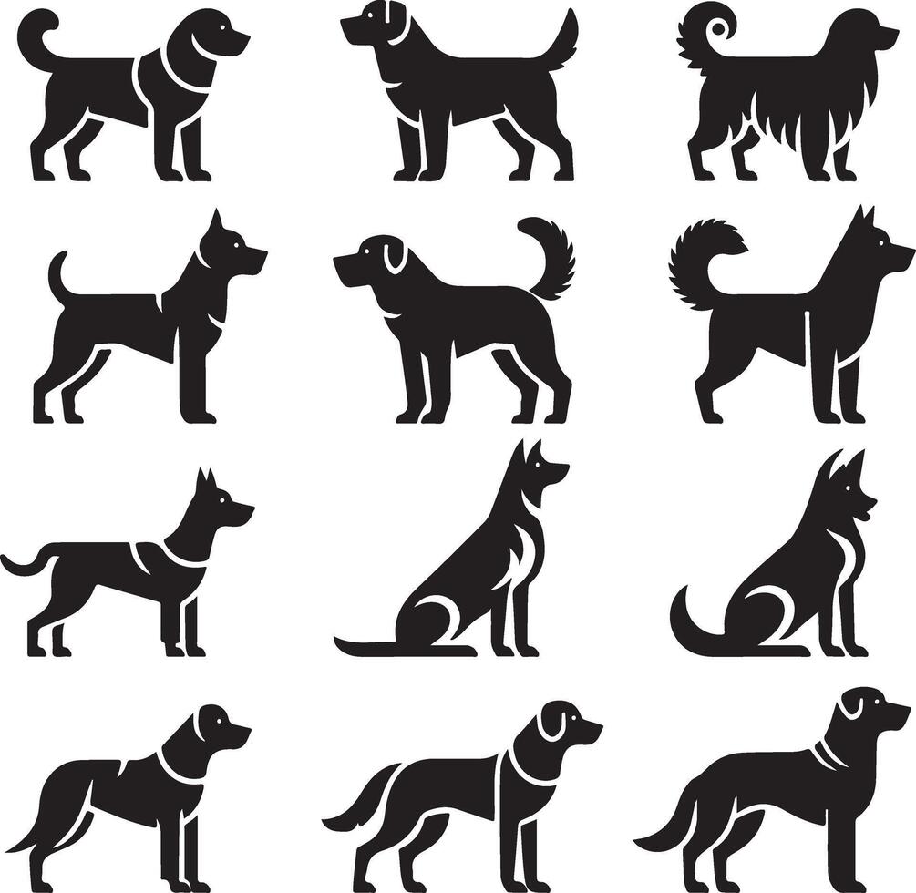 mínimo conjunto de un perro laico abajo diferente actitud vector icono en plano estilo negro color silueta, apartado cada elemento, blanco antecedentes 14