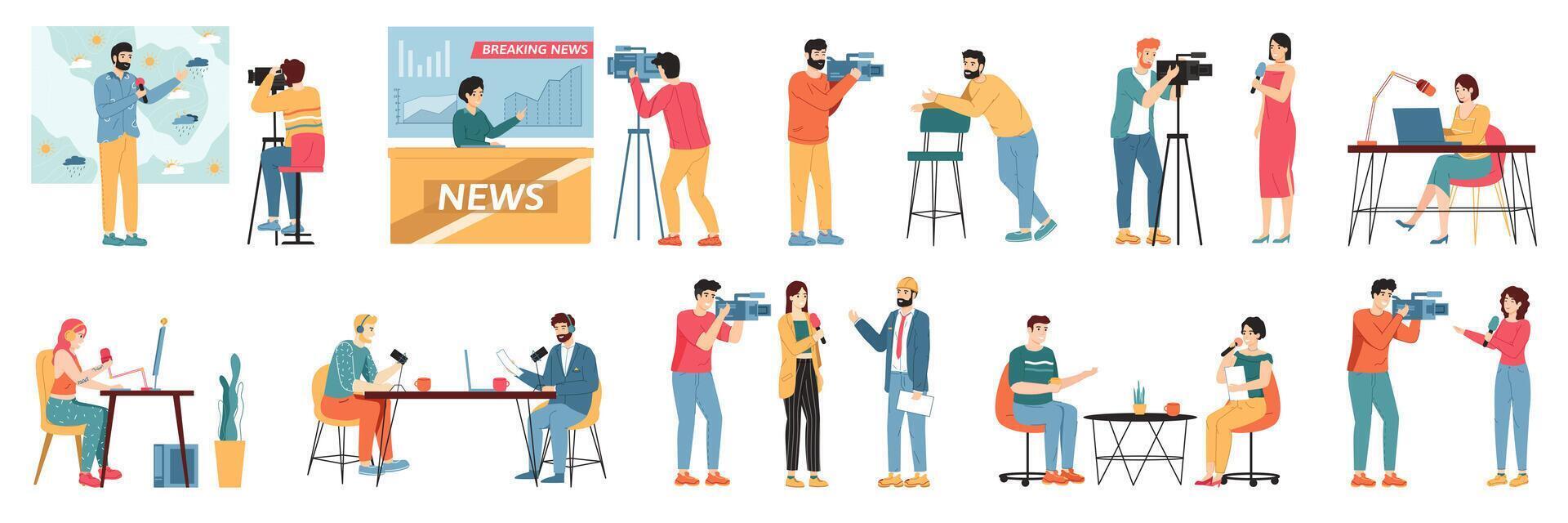 Media TV journalists. Talk show hosts, news presenters and broadcast journalist, television industry videographers crew vector illustration set