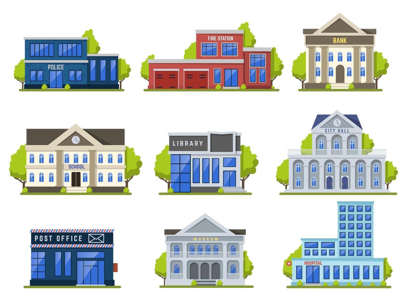 City street buildings. Public modern library, theater and museum, bank, police office exterior, hospital facade isolated vector illustration set