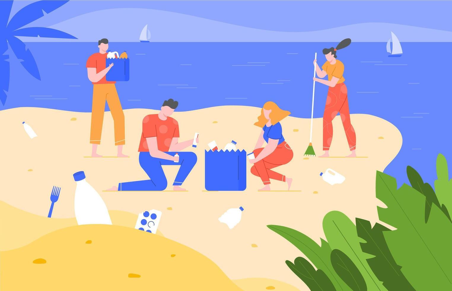 Beach cleaning. Cleansing polluted planet, ecology volunteering activity, people pick up trash on beach and removing garbage vector illustration. Eco activists collecting plastic rubbish