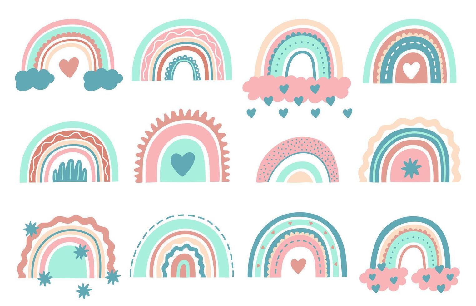 Cute rainbows. Doodle nursery rainbow with clouds, childish scandinavian elements for wrapping or fabric. Lovely rainbows vector illustrations