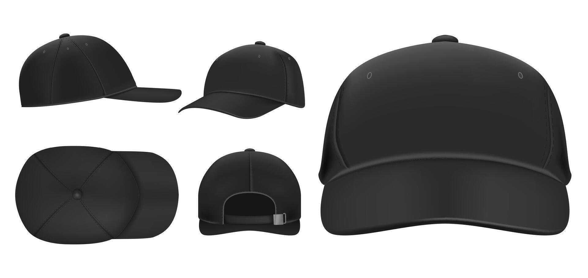 Black cap mockup. Sport baseball caps template, summer hat with visor and uniform hats different views realistic 3D vector set. Headdress illustrations pack. Cap front, top, side, back view