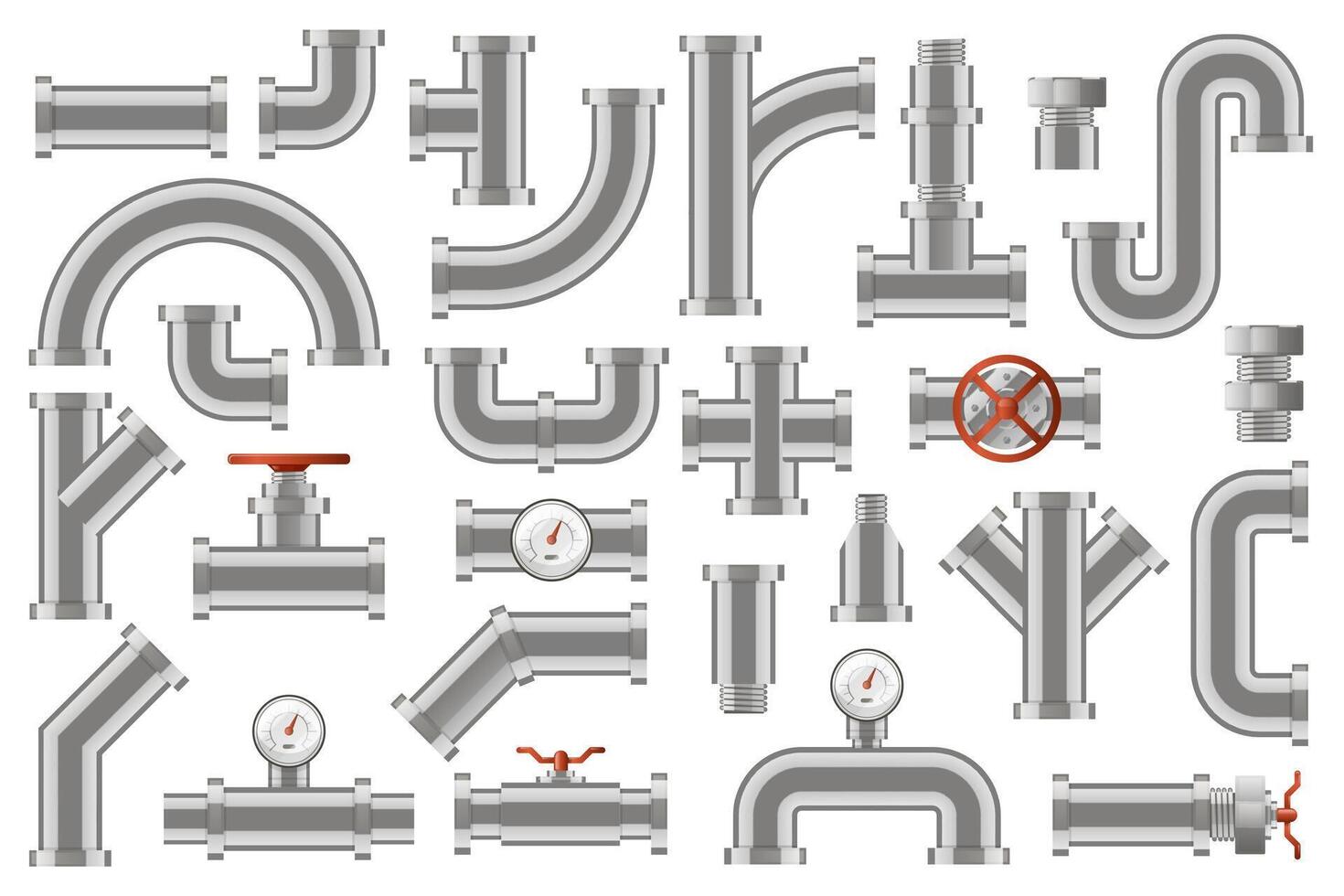 Water pipes. Metal pipelines construction, industrial metal tube pipes with counters, valves, rotary knobs isolated vector icons set