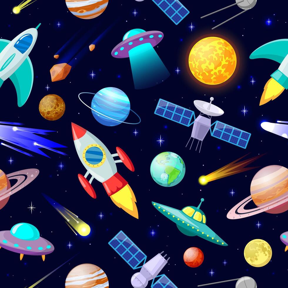 Cartoon space pattern. Astronomical planets and spacecraft ship, astronomy stars, comets and celestial bodies. Galaxy elements vector illustration