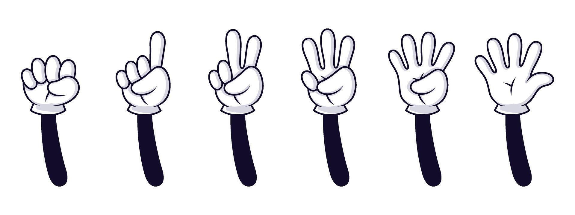 Cartoon hand numbers. Gesture counting sign, hands in white gloves count to five vector isolated illustration set. Cartoon character showing fingers on white background. Funny math, dactylonomy