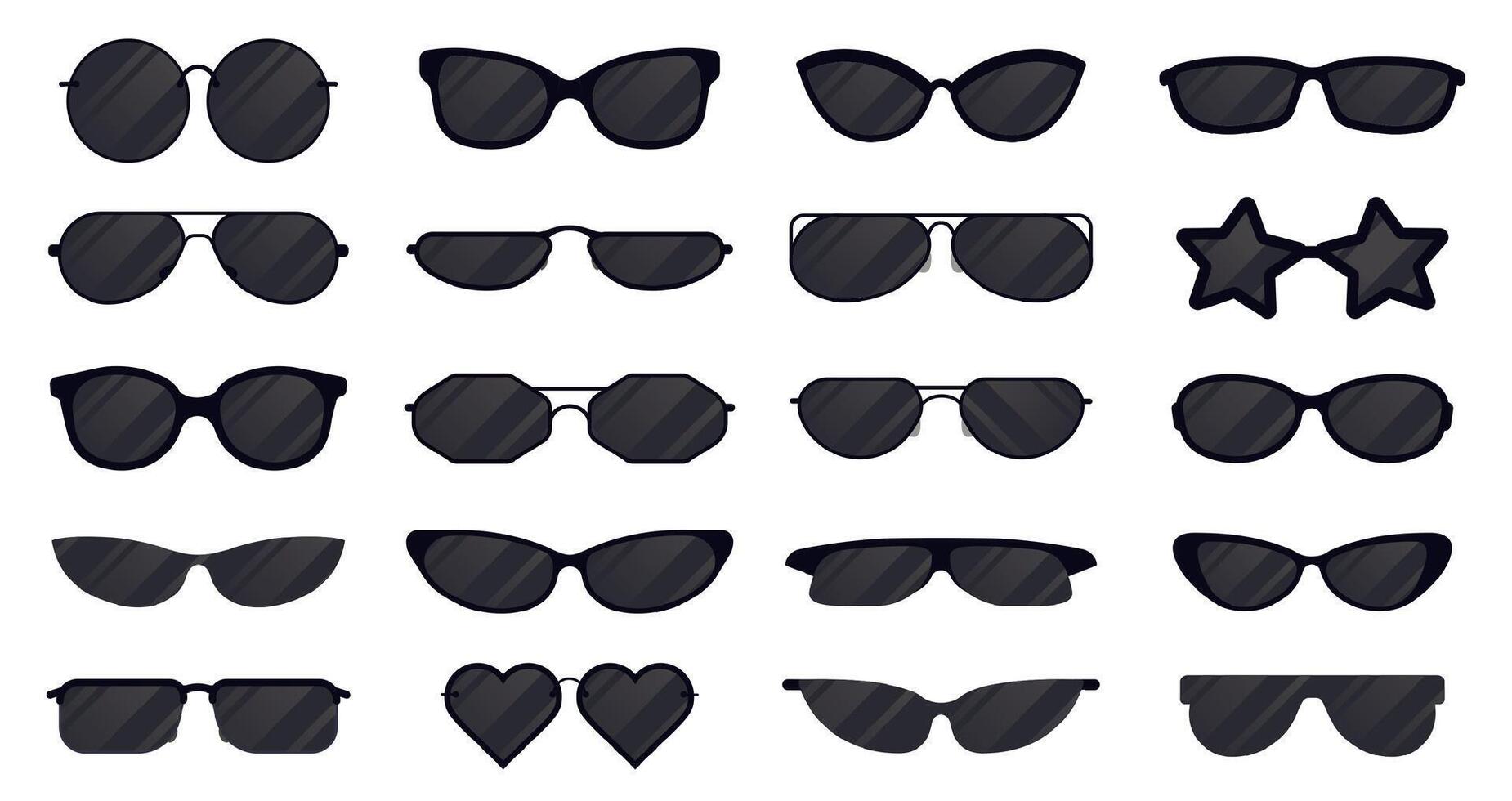 Sunglasses eyewear. Glasses silhouette, sun elegant eyewear, black plastic spectacles. Sun lens eyewear vector illustration icons set