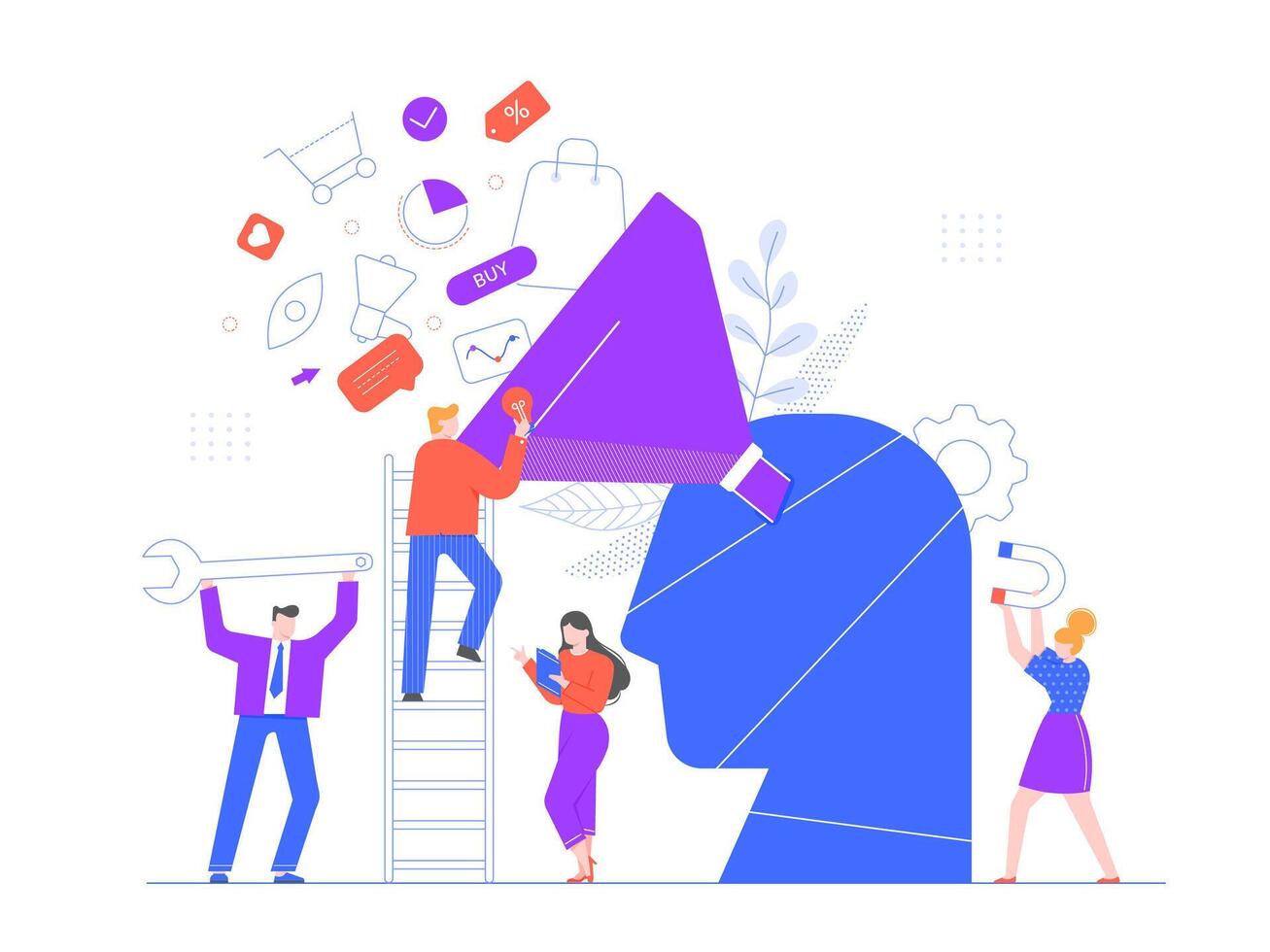 Buyer focused marketing. Promotional strategy, professional marketing team and market growth generating or attracting new loyal leads vector illustration. Sales optimization model, customer targeting