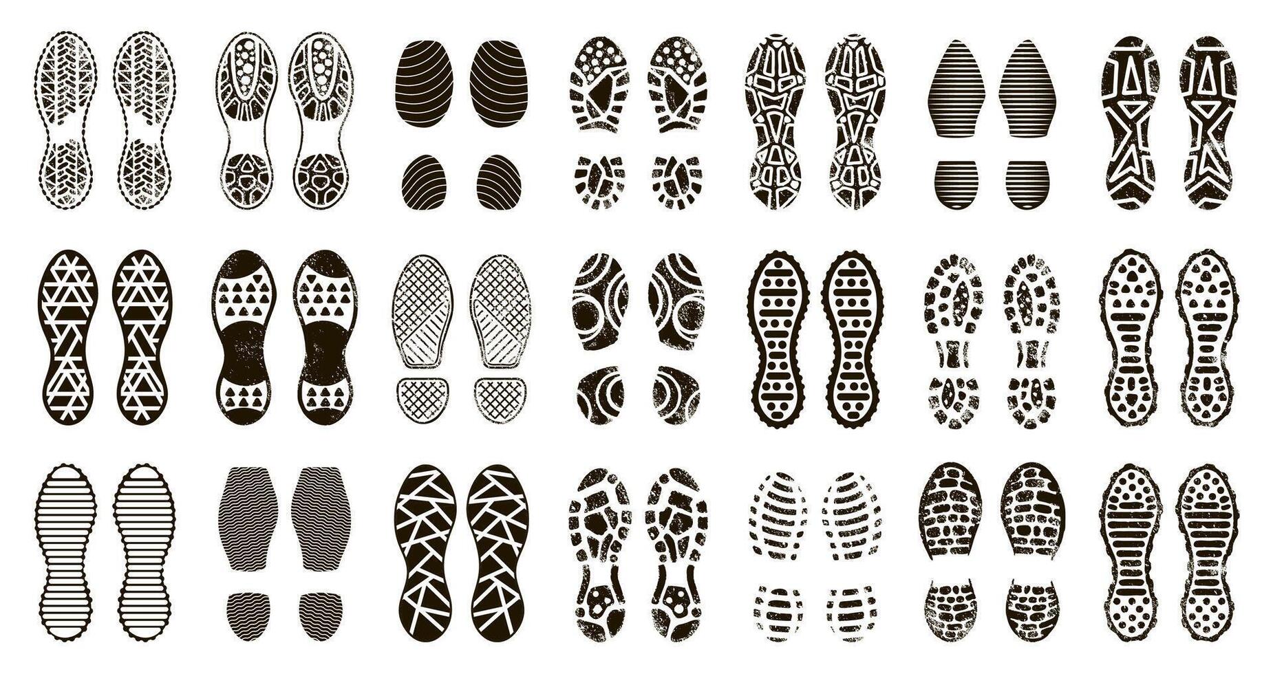 Human boots footprint. Shoes and barefoot silhouette, man boot steps print, textured stepping footprints isolated icons illustration set vector