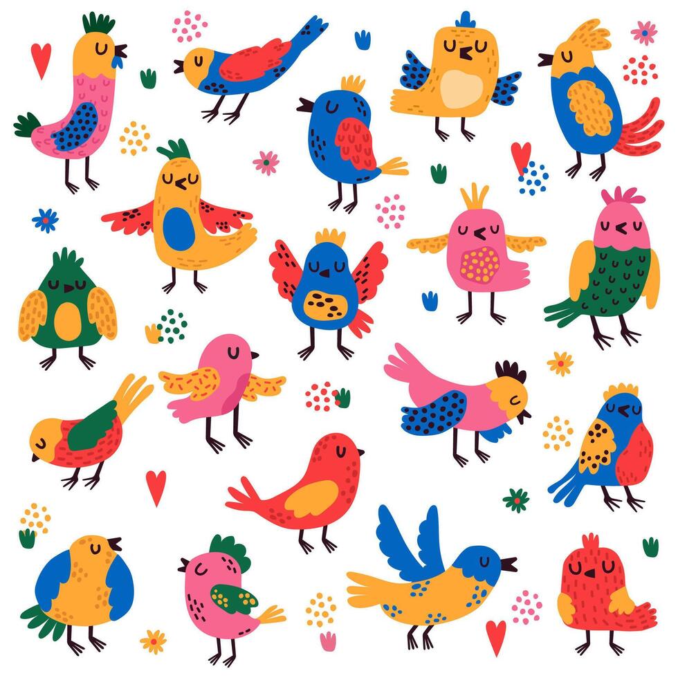 linda aves. mano dibujado vistoso pequeño aves, garabatear pájaro cantor caracteres, naturaleza bosque pájaro infantil aislado vector ilustración conjunto