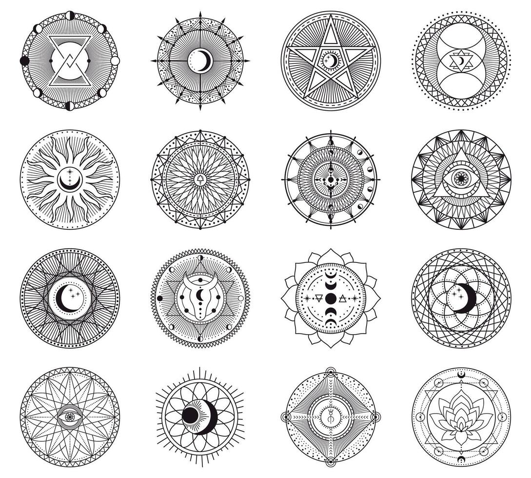 Witchcraft circular symbols. Magical spell circle, esoteric witchcraft mystery signs, occult magic spell circle vector illustration icons set