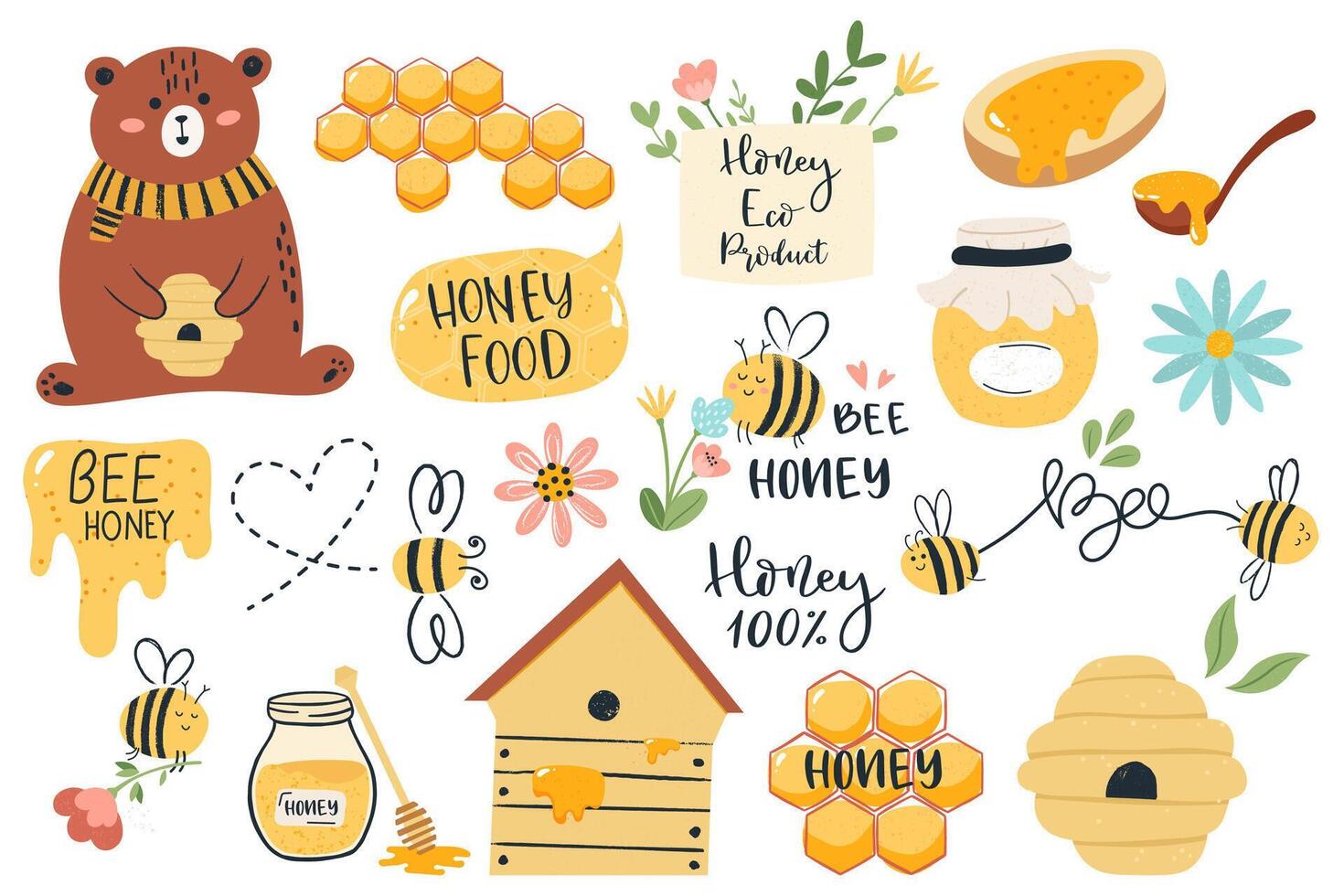 Cute honey symbols. Hand drawn honey jar, honeycomb and bee insects, funny honey doodle beekeeping farm isolated vector illustration set