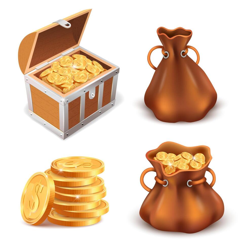 Realistic golden treasure. Coins stack, wooden treasure chest and canvas sack full of gold coins, shiny golden treasure vector illustration set