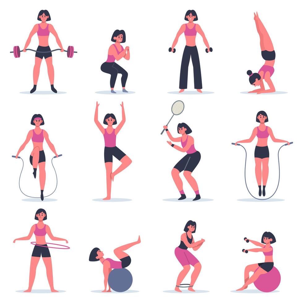 Girl exercising. Young woman fitness exercising, squats, practice yoga and tennis, girl at sport gym or training at home vector illustration set