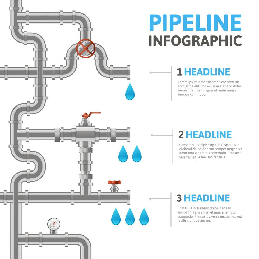 Water pipes infographic. Industry pipeline construction business process concept, metal tube pipes diagram vector background illustration