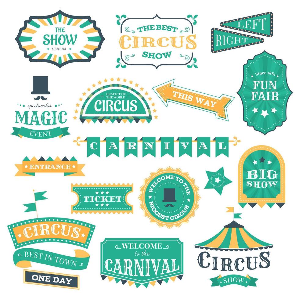 Circus vintage badges. Magic circus carnival retro signs, circus show invitation elements and festival fair event vector illustration icon set