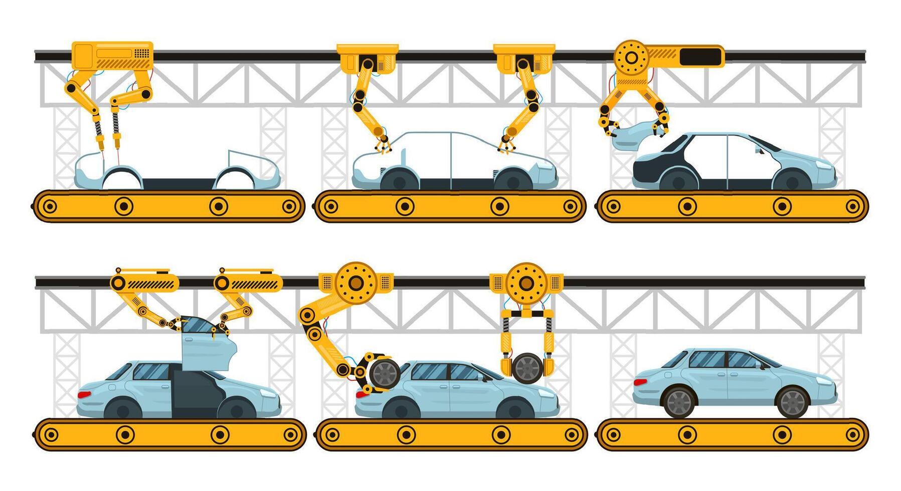 automóvil asamblea. fábrica coche montaje transportador, fabricación robótico brazos automotor, industrial automatización proceso vector ilustración conjunto