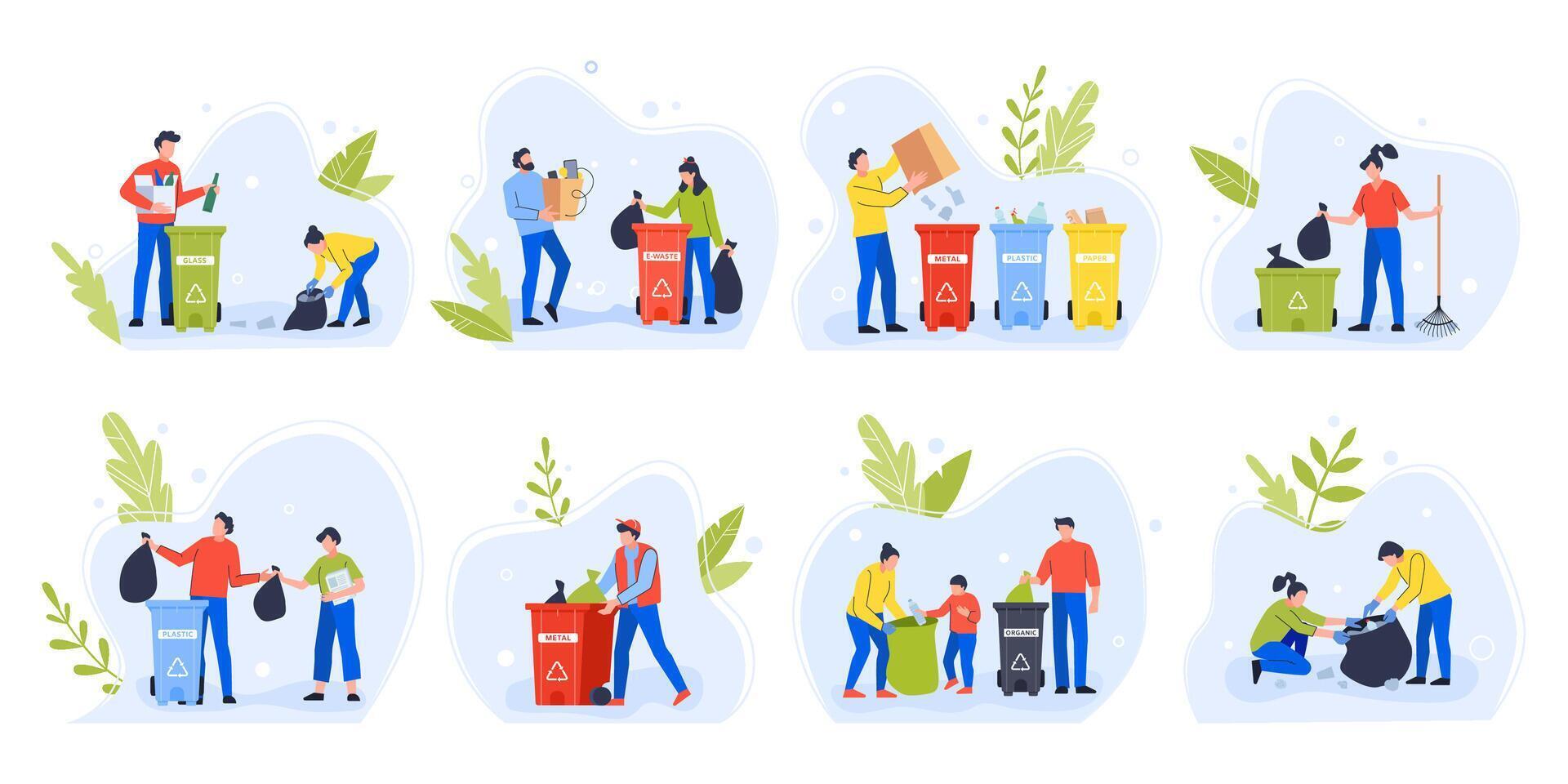 People separating garbage. Environment day recycle garbage, family with children sort and separate trash to reduce environmental pollution vector illustration set. Eco activists with rubbish bins