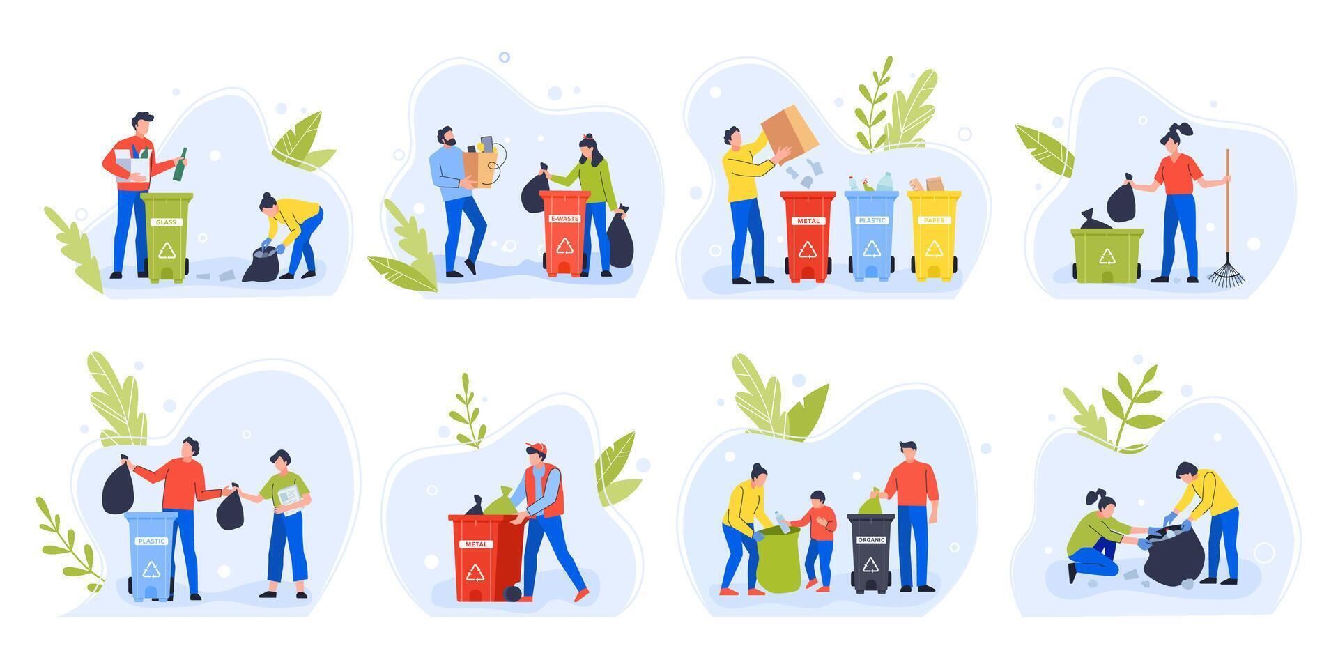 personas separando basura. ambiente día reciclar basura, familia con niños ordenar y separar basura a reducir ambiental contaminación vector ilustración colocar. eco activistas con basura contenedores