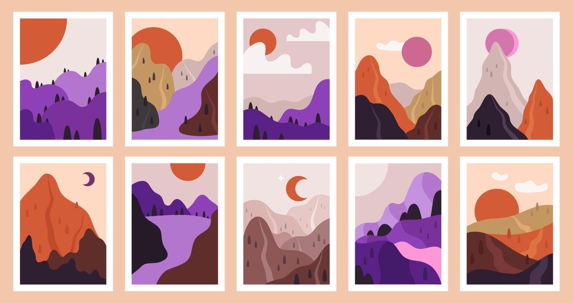 Contemporary outdoor view. Abstract minimalist landscapes, modern nature scenes. Mountain, river and sky view vector illustration set