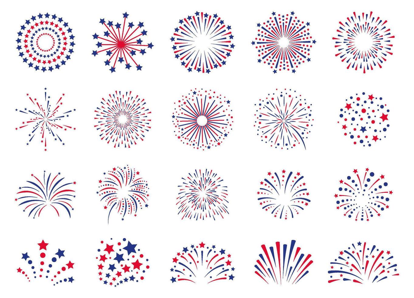 Fireworks 4th July. Celebration festival firecracker, party firework explosion, carnival colorful firework explosions vector icons set