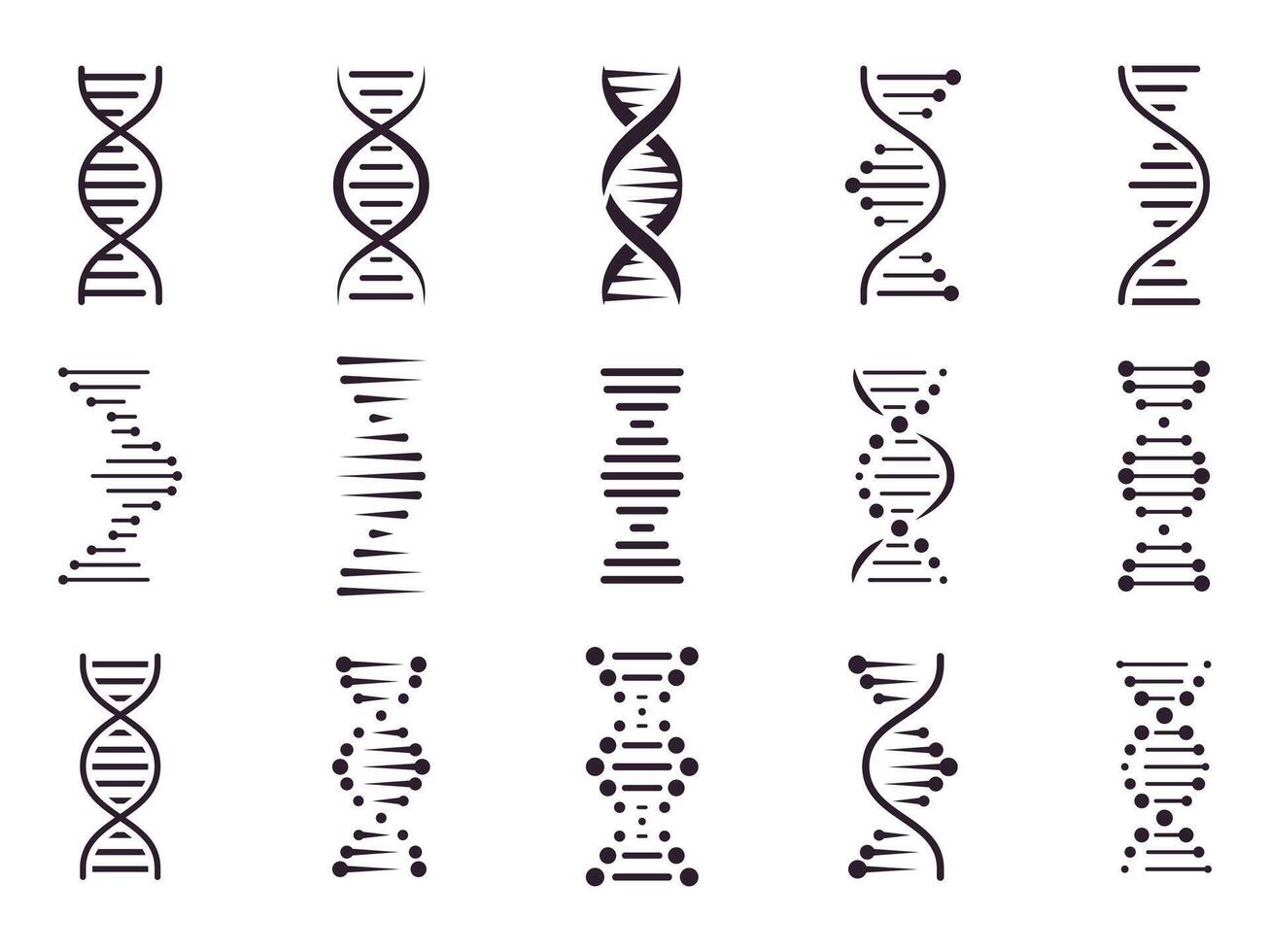 espiral adn icono. adn molécula hélice espiral estructura, médico Ciencias cromosoma concepto, biología genético símbolos aislado vector íconos colocar. microbiología. desoxirribonucleico ácido. genético Ingenieria