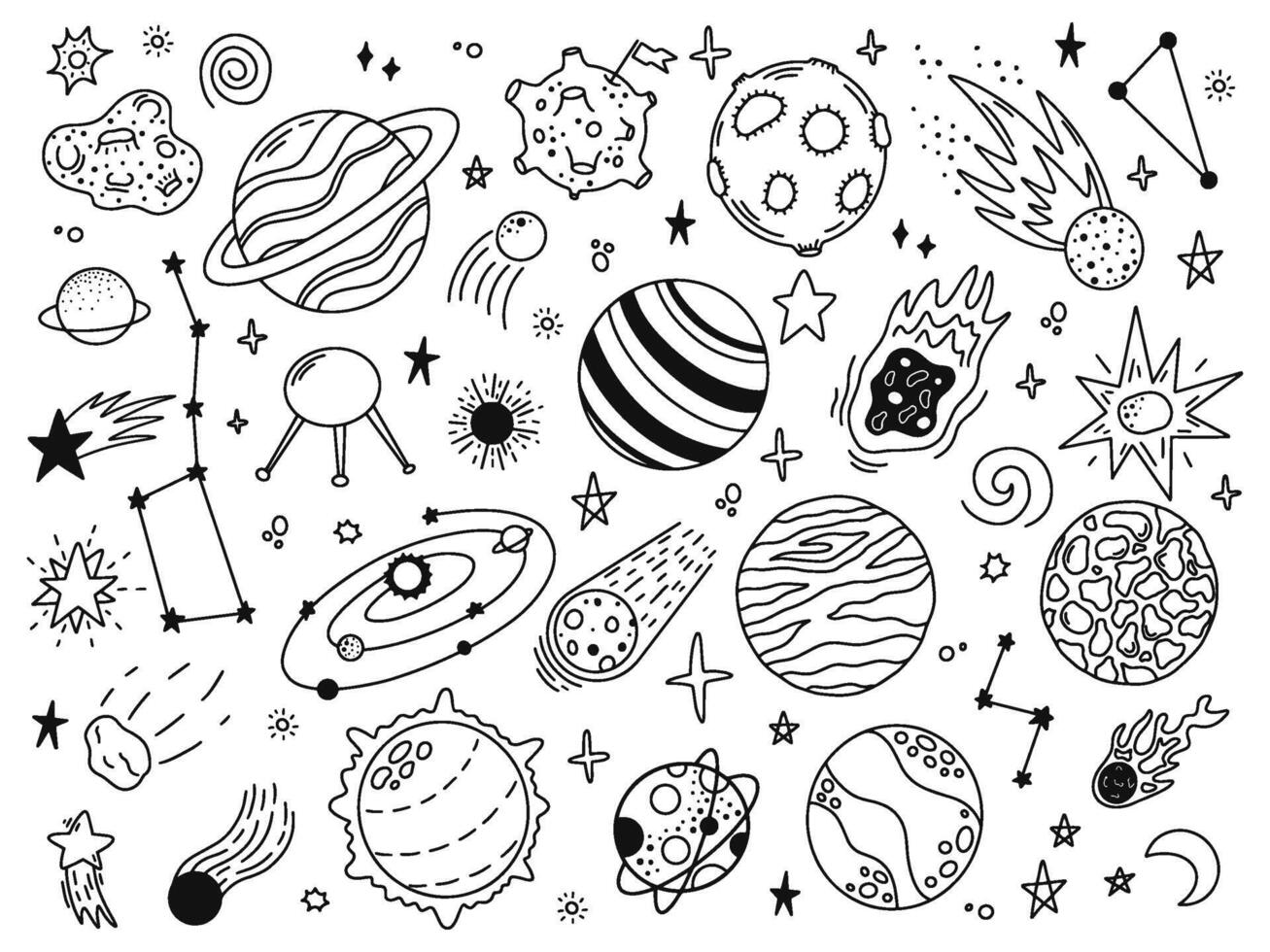 Space doodles. Sketch space planets, hand drawn celestial bodies, earth, sun and moon. Universe space planets vector illustration icons set