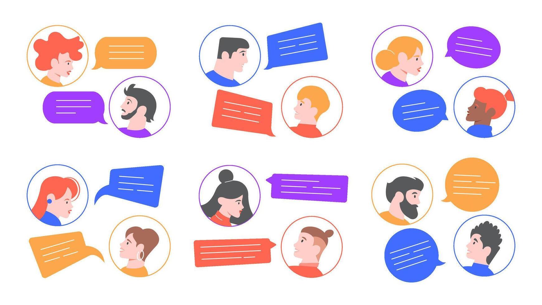 Speaking people. Men and women profile avatars conversation, young couple speaking, chatting together. People communication, brainstorm speaking vector illustration set. Chat dialogues, speech bubbles