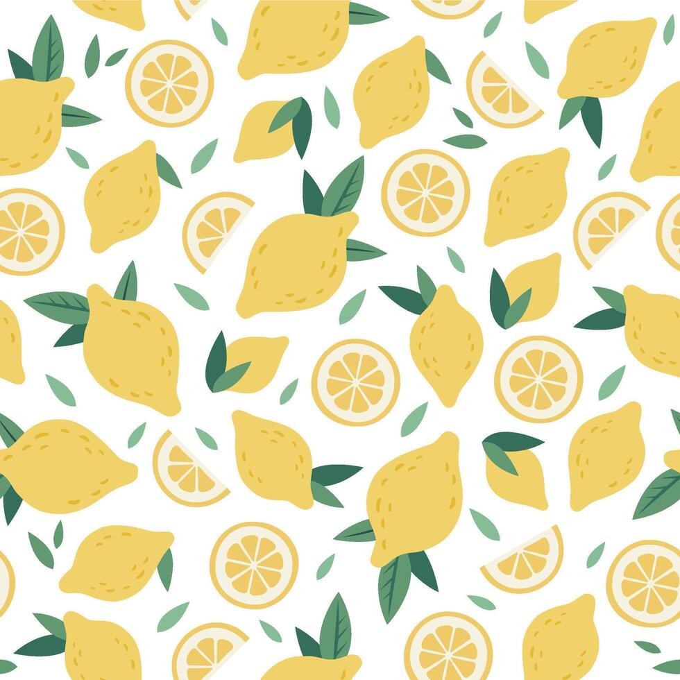 Citrus seamless pattern. Lemon cartoon funny hand drawn graphics, decorative doodle print with juicy citrus, fresh lemons and green leaves vector background illustration