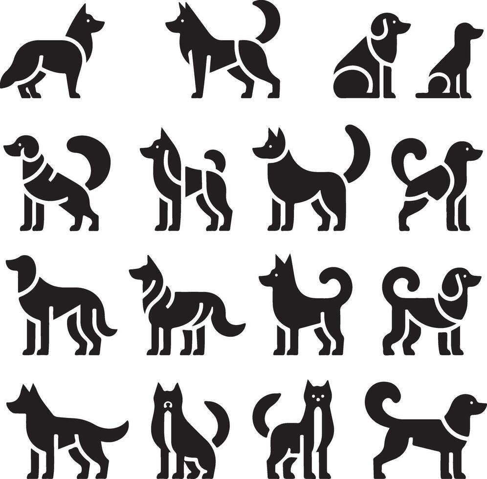 mínimo conjunto de un perro laico abajo diferente actitud vector icono en plano estilo negro color silueta, apartado cada elemento, blanco antecedentes 11