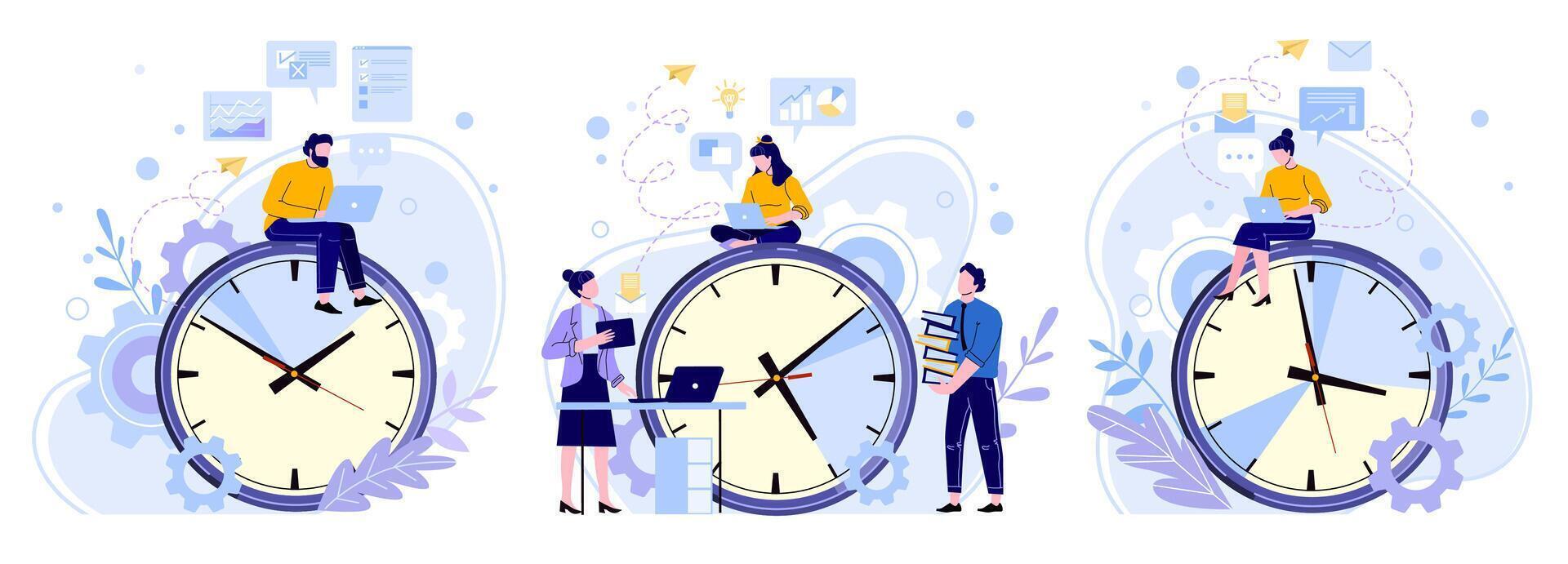 Efficiency work time. Man, woman and workers teamwork hours. Freelance workers, productivity clocks and people working on laptop vector illustrations set. Schedule planning, time management