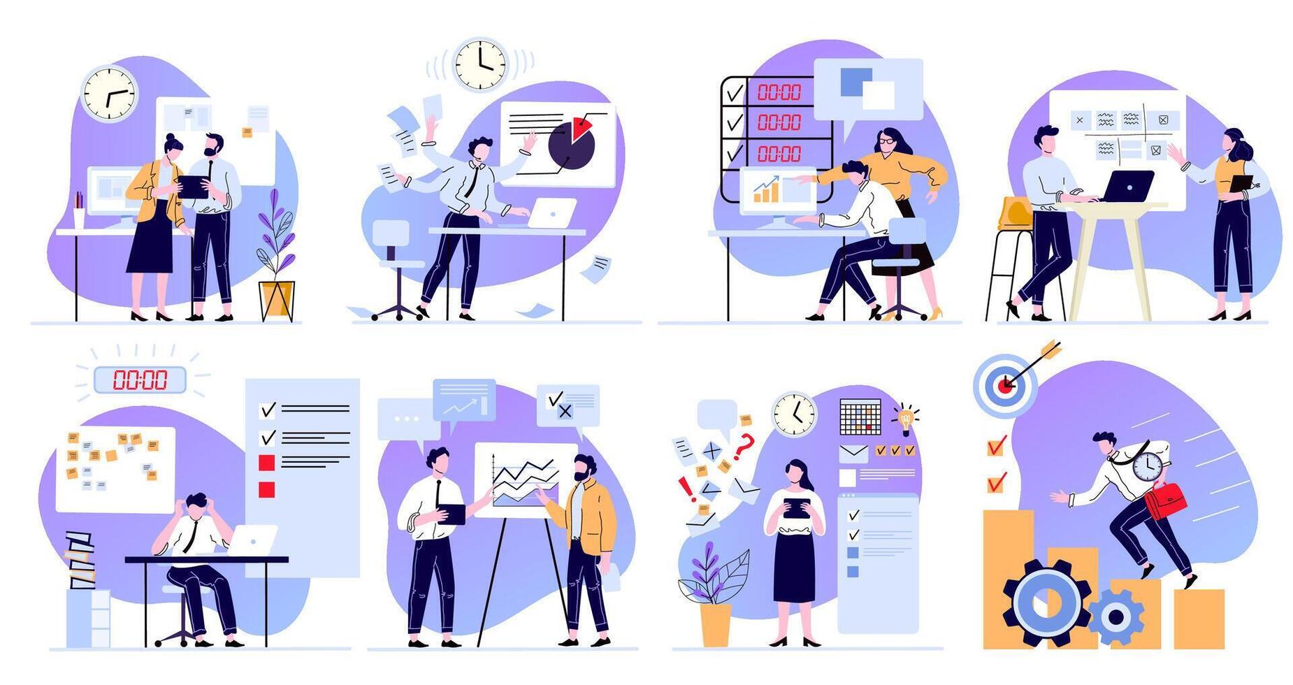 Organized office work. Task planner, time management and working productivity. Tasks deadline schedule flat vector illustration set. Office workflow organization. Effective teamwork process
