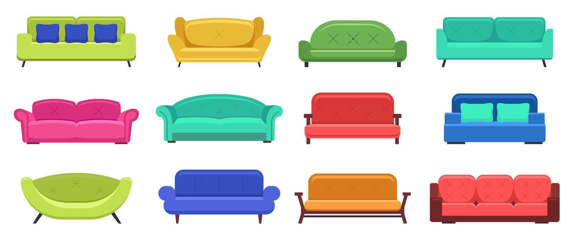 moderno sofás cómodo moderno Departamento sofá, acogedor sofás, casa sofá muebles, Doméstico sofás salón. vector aislado ilustración conjunto