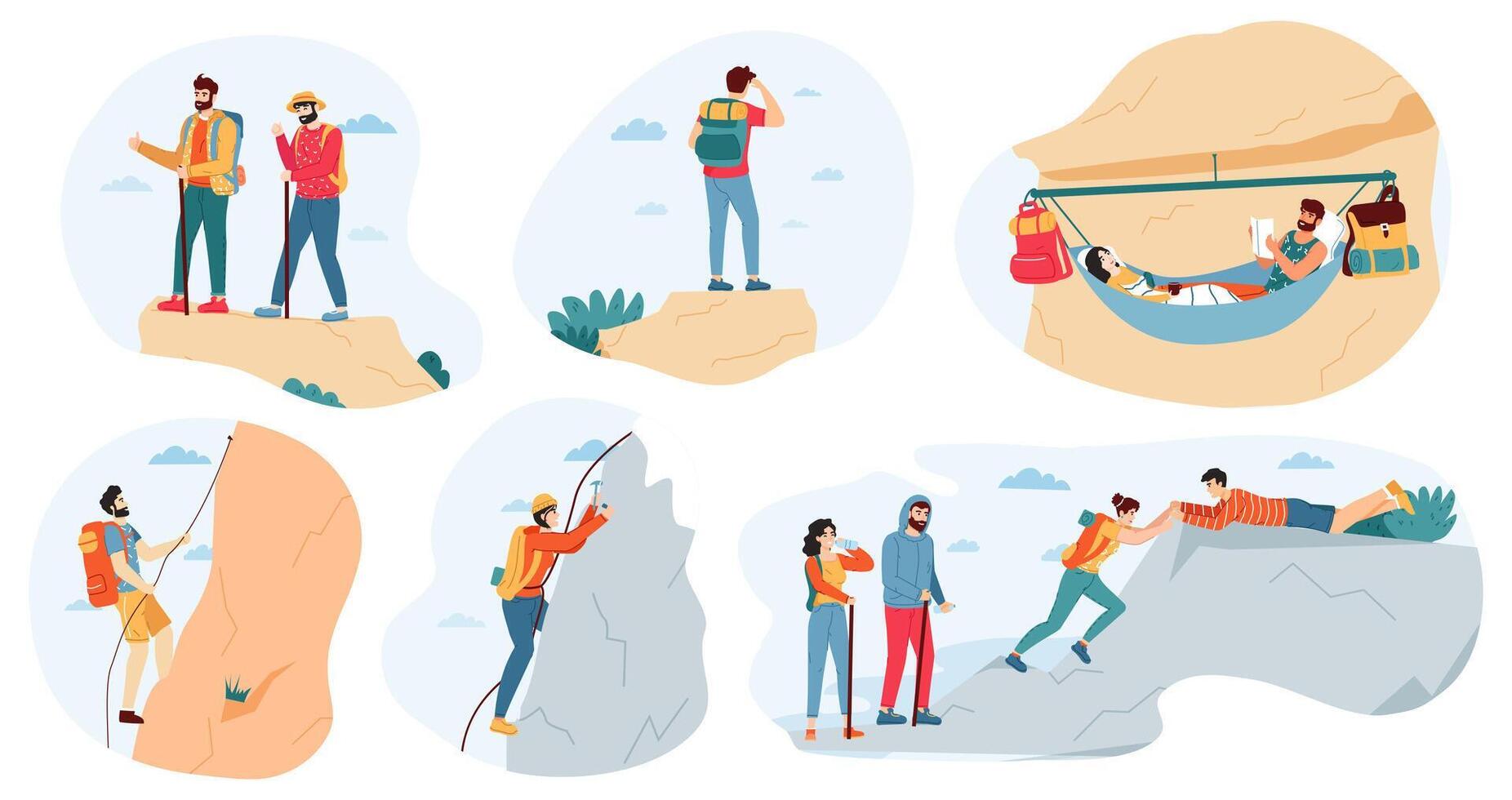 Mountain climbers. Active outdoor activity, climbers group and tourists, extreme lifestyle, trekking, hiking in mountains vector illustration set