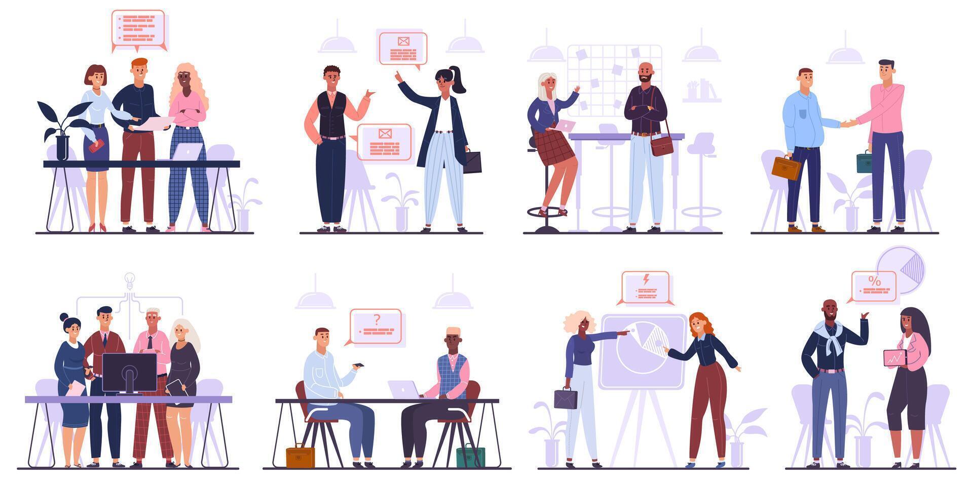 Office workers team. Business meeting, brainstorming and corporate conference, business team characters group isolated vector illustration set