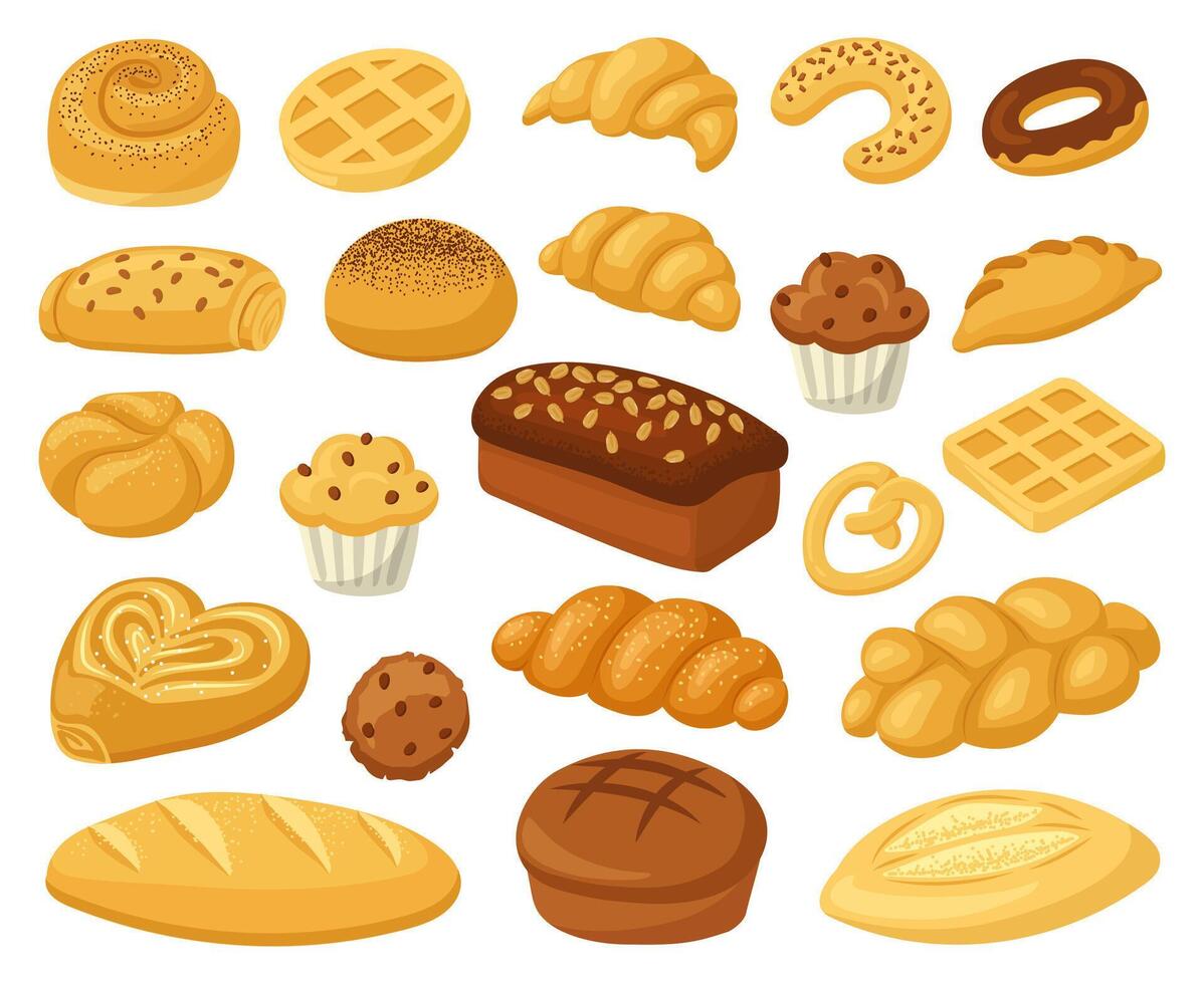 Cartoon bakery food. Pastry products, bread loaf, french baguette, and croissant. Bakery whole grain and wheat products vector illustration set