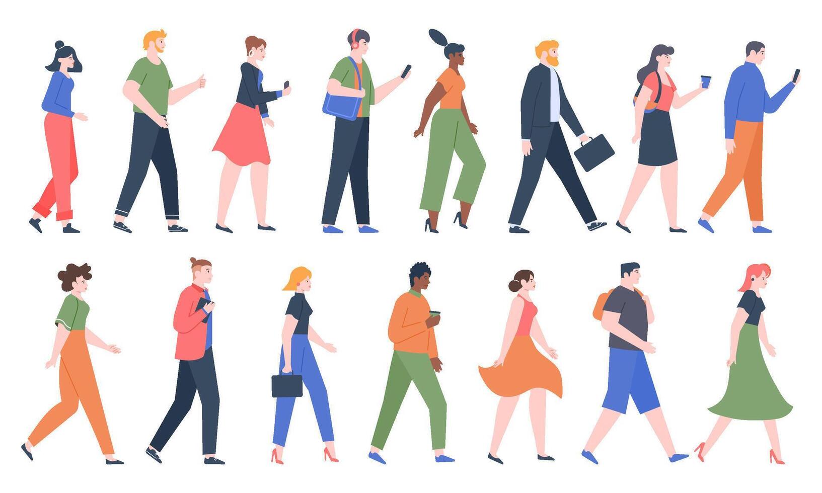 Walking people. Business men and women walk side profiles, people in seasonal and office clothes. Young and elderly moving stylish characters vector illustration set