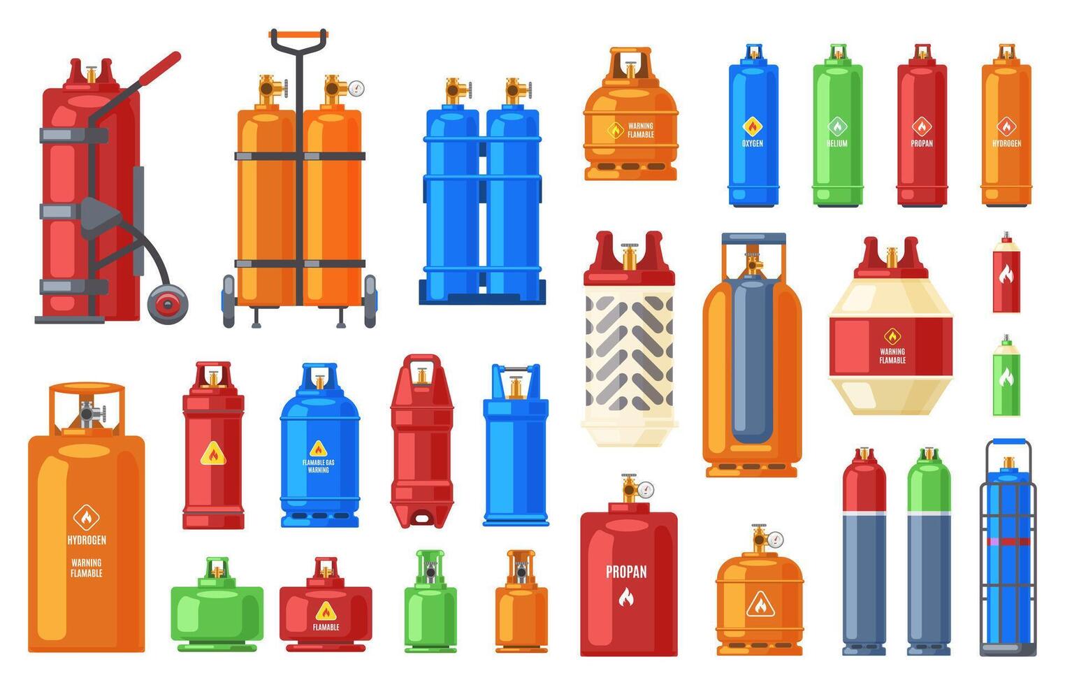 Gas steel cylinder. Gas tank, oxygen, propane or butane metal flammable containers, helium, petroleum gas cylinders vector illustration icons set