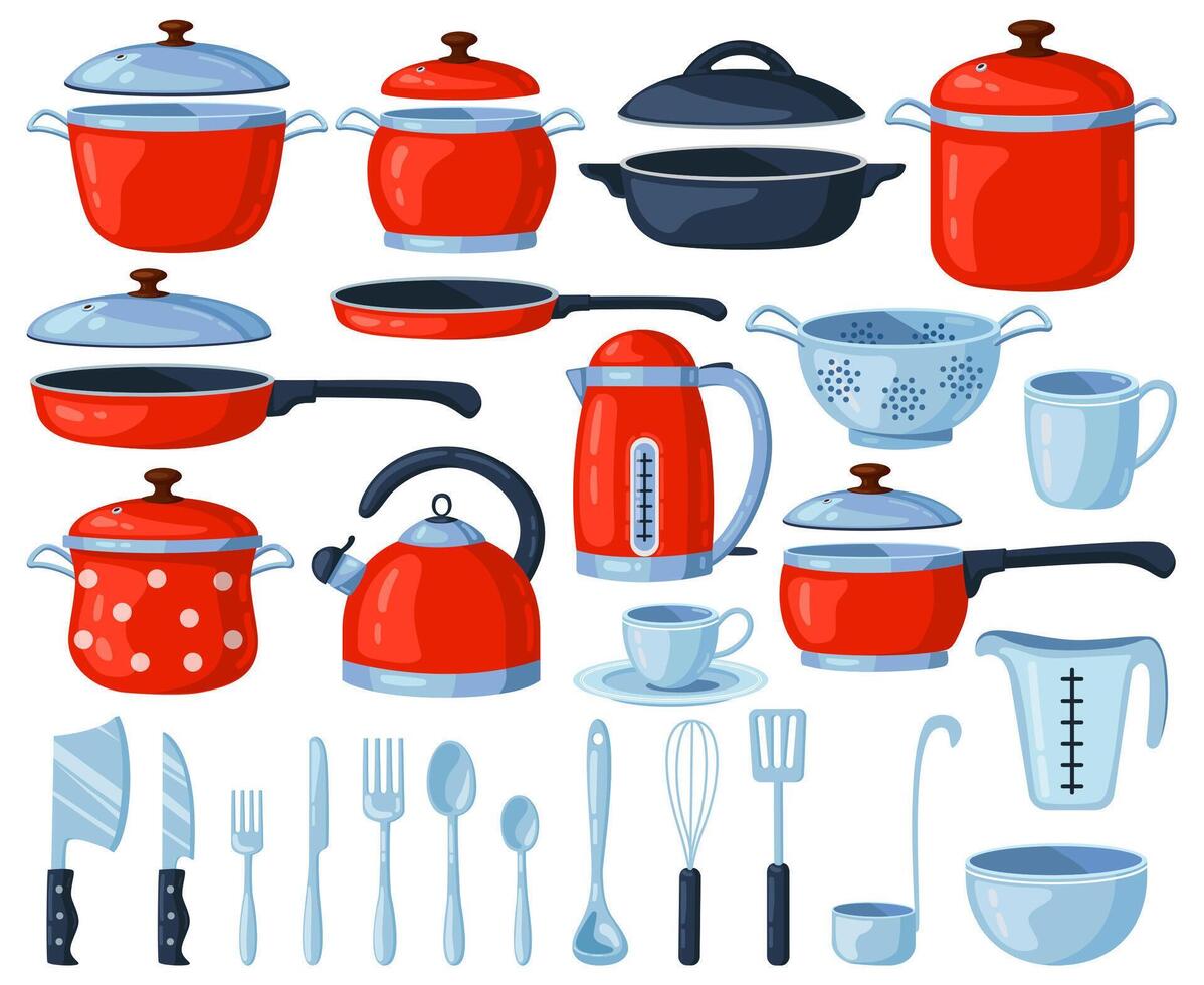 Kitchenware tools. Kitchen cooking and baking utensils, saucepan, frying pan, cutlery, kettle and colander. Kitchen utensils vector illustrations