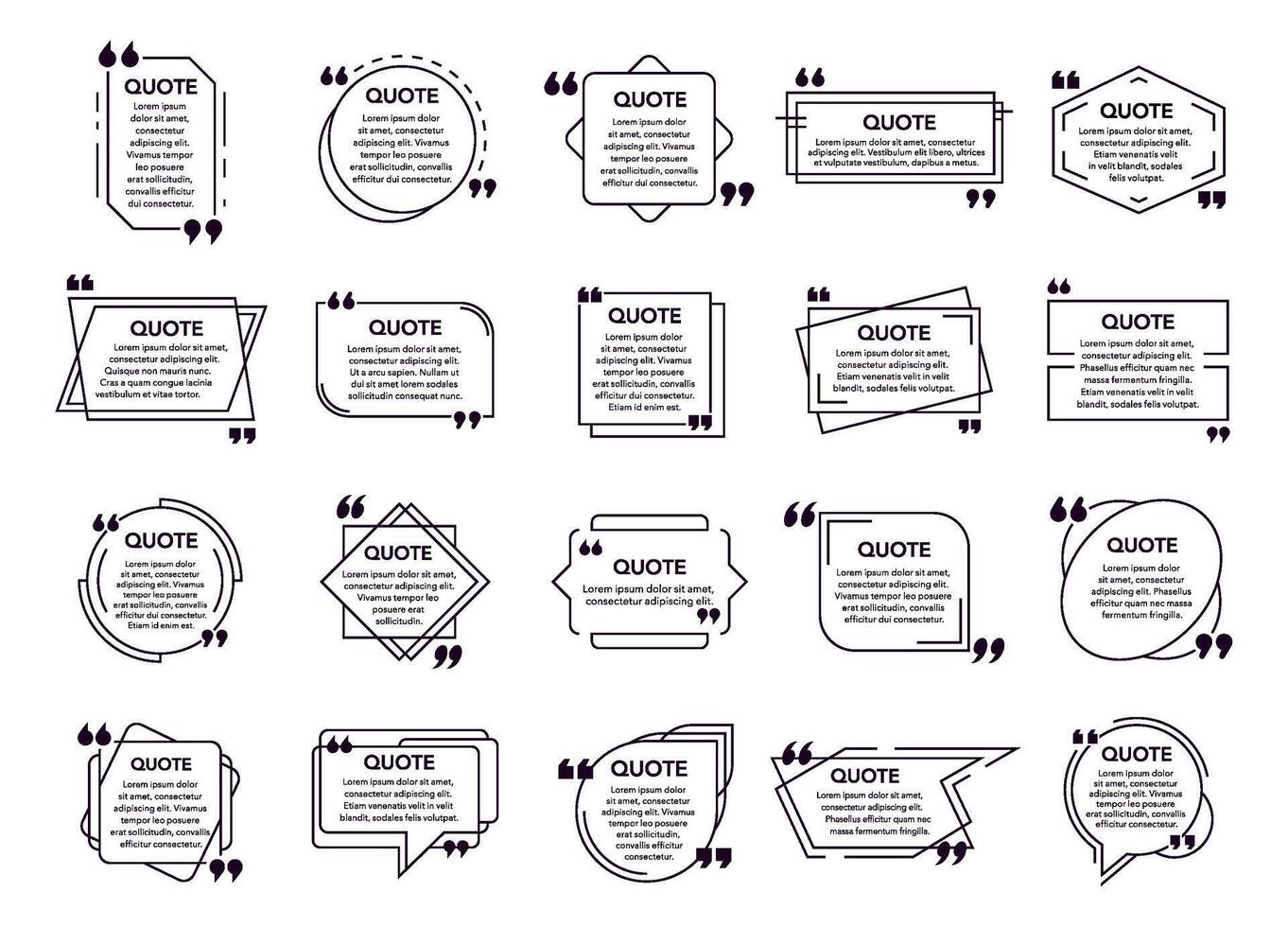 Quote cited box. Texting boxes, remark box frame and cited geometric elements. Quote modern speech bubbles and quote frames vector isolated icons set. Citation black and white text clouds bundle