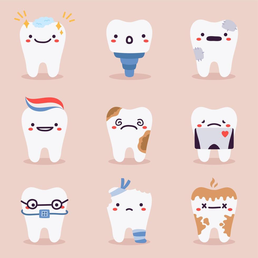 Cute teeth mascots. Dental teeth characters with dentistry problems, treatments, tooth healthcare and hygiene vector illustration symbols set