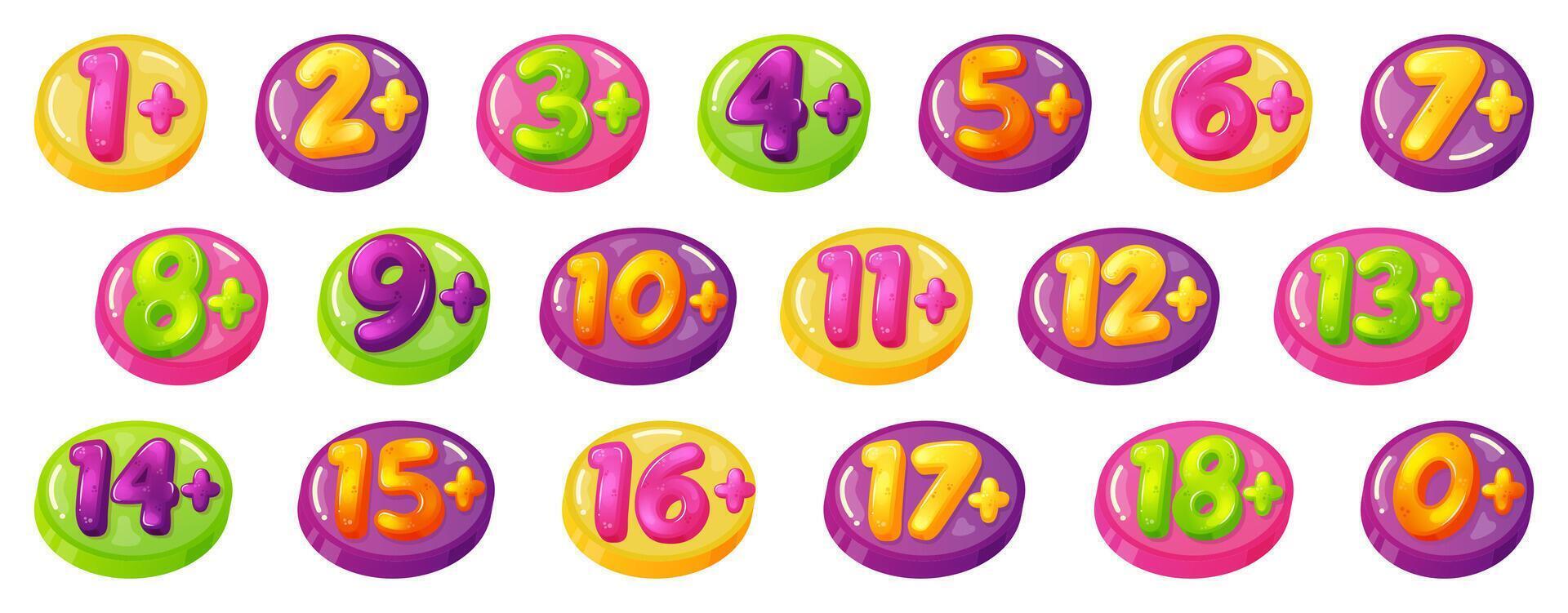 Kids age restrictions. Childrens age limit signs, figures game or movie content permission badges. Age limit baby stamps vector illustration icon set