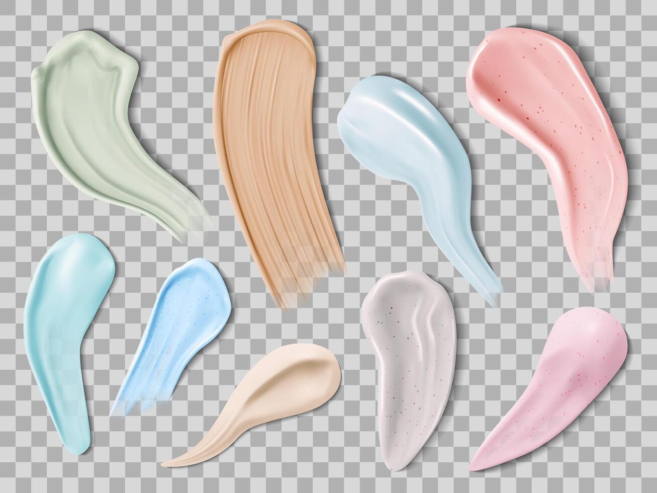 Skin cream swatching. Realistic scrub, lotion, and face mask sampling. Cosmetic swatches for face and body vector illustration