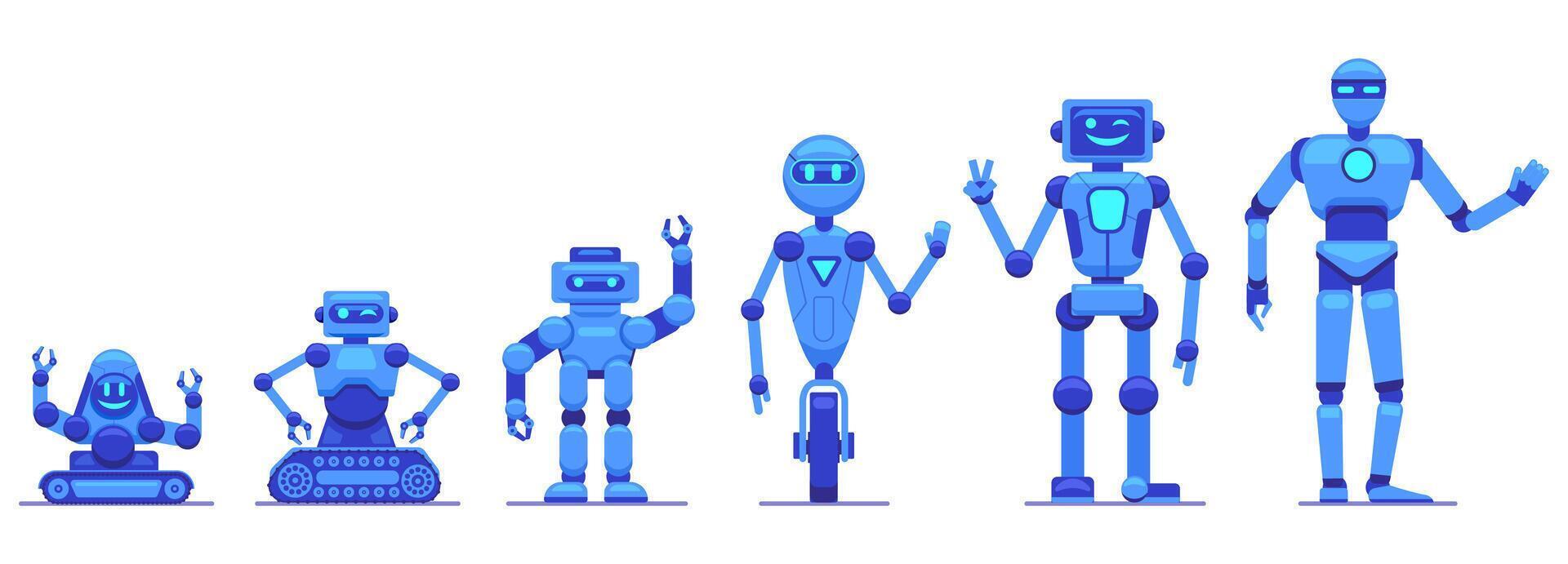 Robots evolution. Robotics technology progress, futuristic mechanical robot characters, robots tech evolution vector illustration icons set